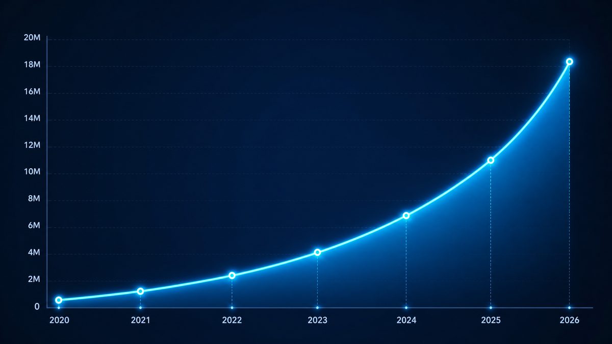 苍井空用户增长数据图表,展示2020-2026年注册用户从50万增长至1800万的趋势